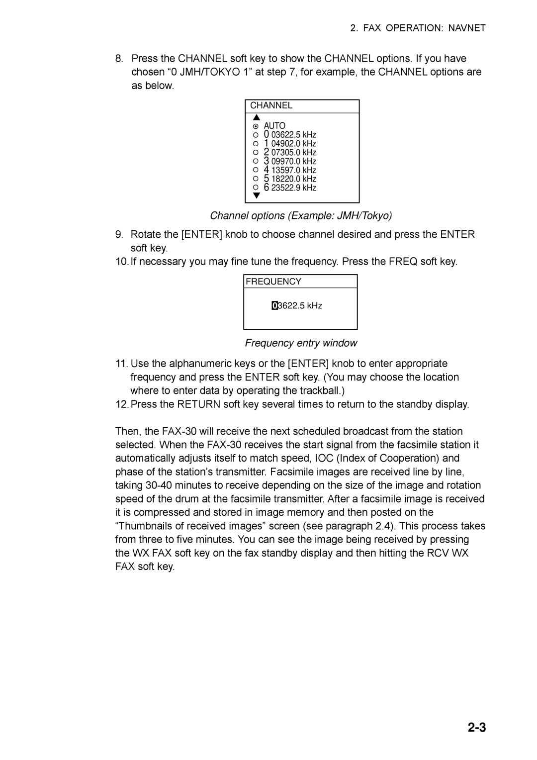 Furuno FAX-30 manual Channel options Example JMH/Tokyo, Frequency entry window 