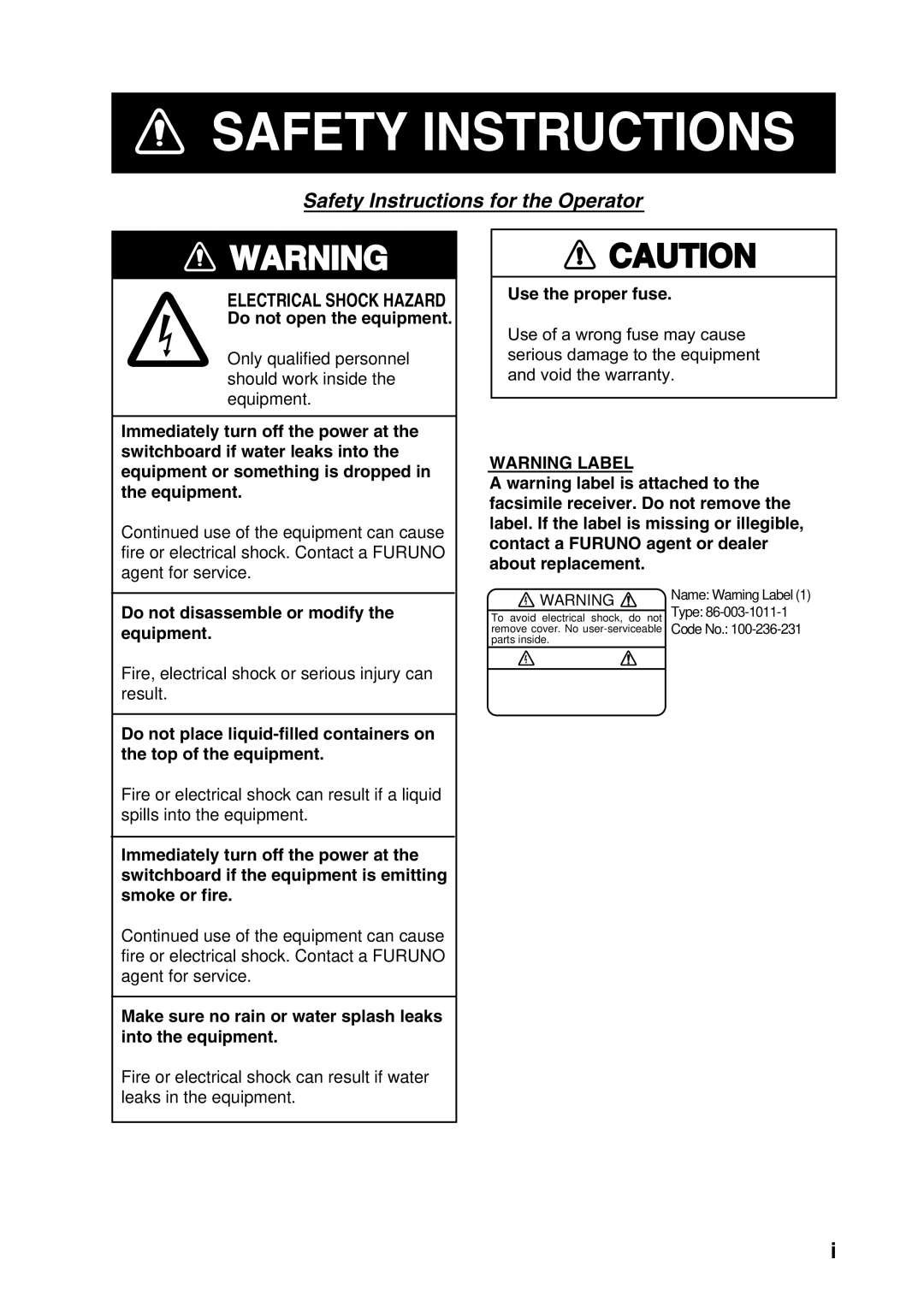 Furuno FAX-30 manual Safety Instructions 