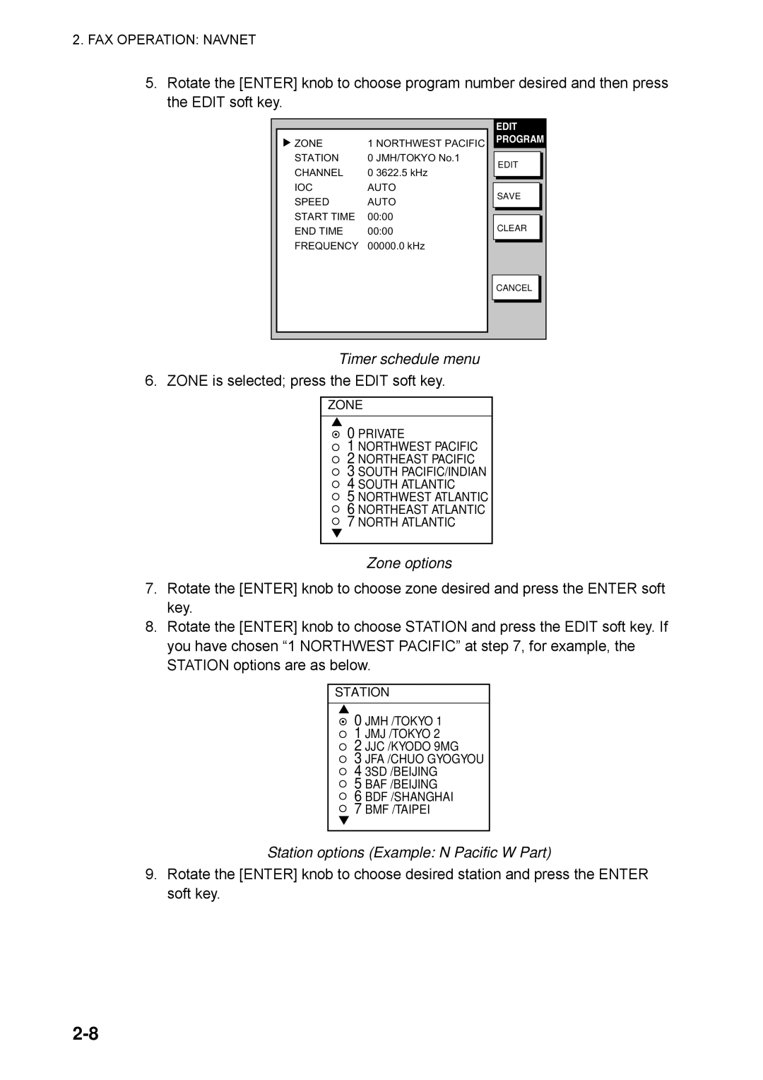 Furuno FAX-30 manual Timer schedule menu, Station options Example N Pacific W Part 