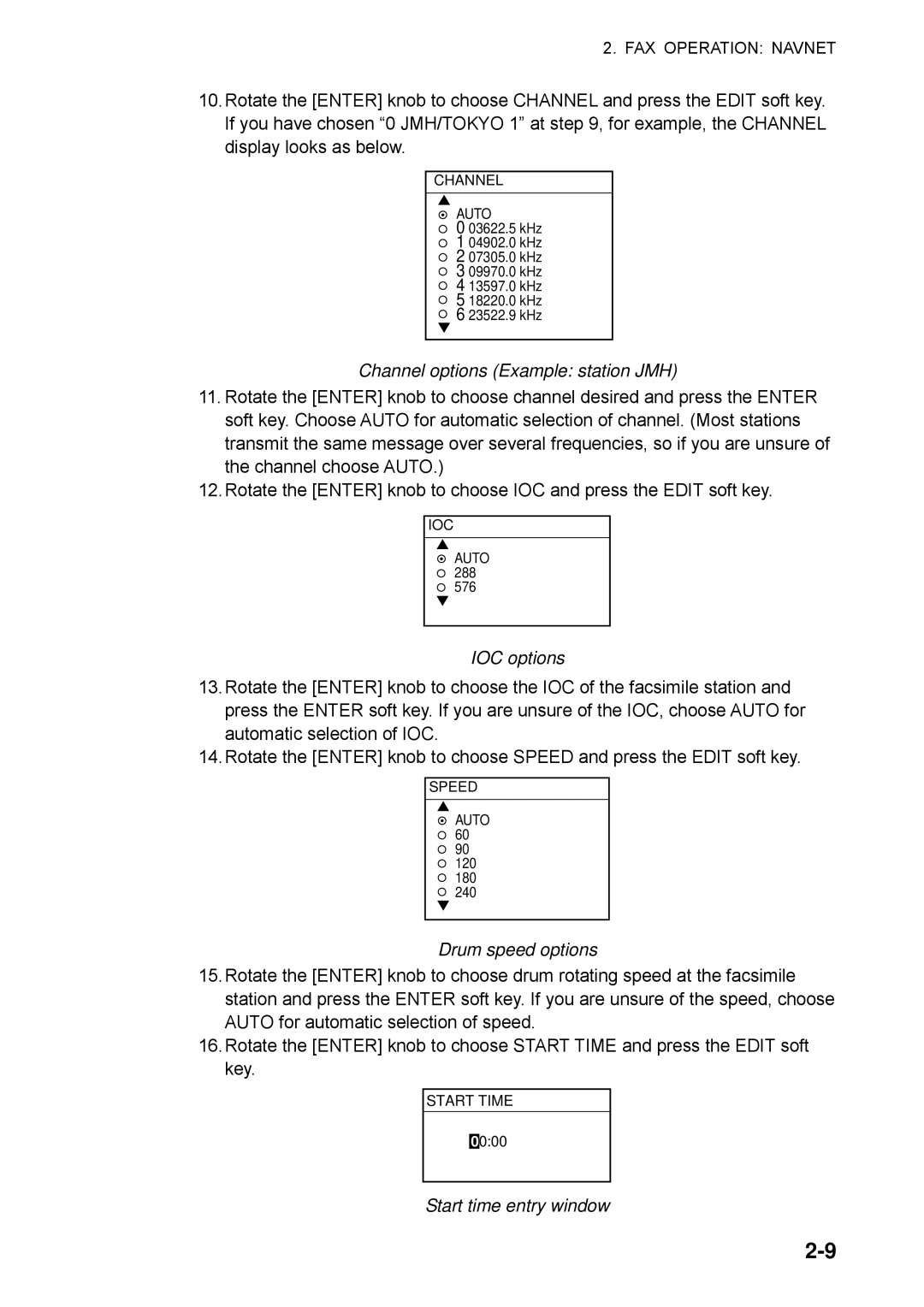 Furuno FAX-30 manual Channel options Example station JMH, IOC options, Drum speed options, Start time entry window 