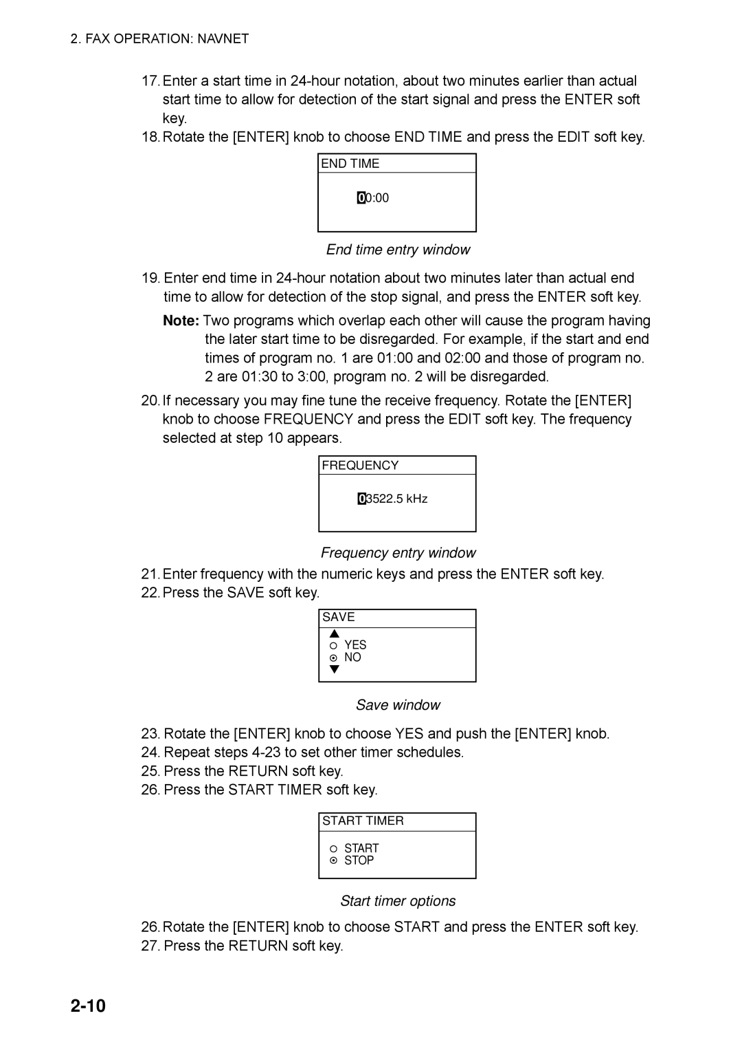 Furuno FAX-30 manual End time entry window, Save window, Start timer options 