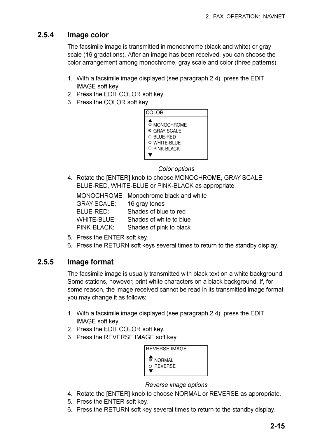 Furuno FAX-30 manual Image color, Image format, Color options, Reverse image options 