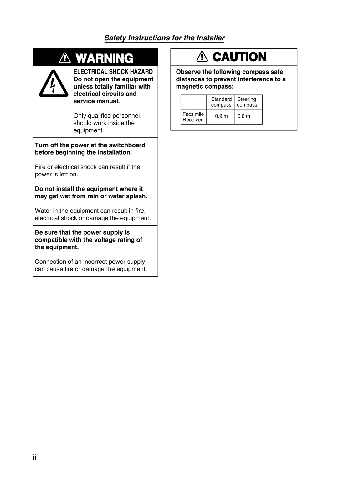 Furuno FAX-30 manual Safety Instructions for the Installer 