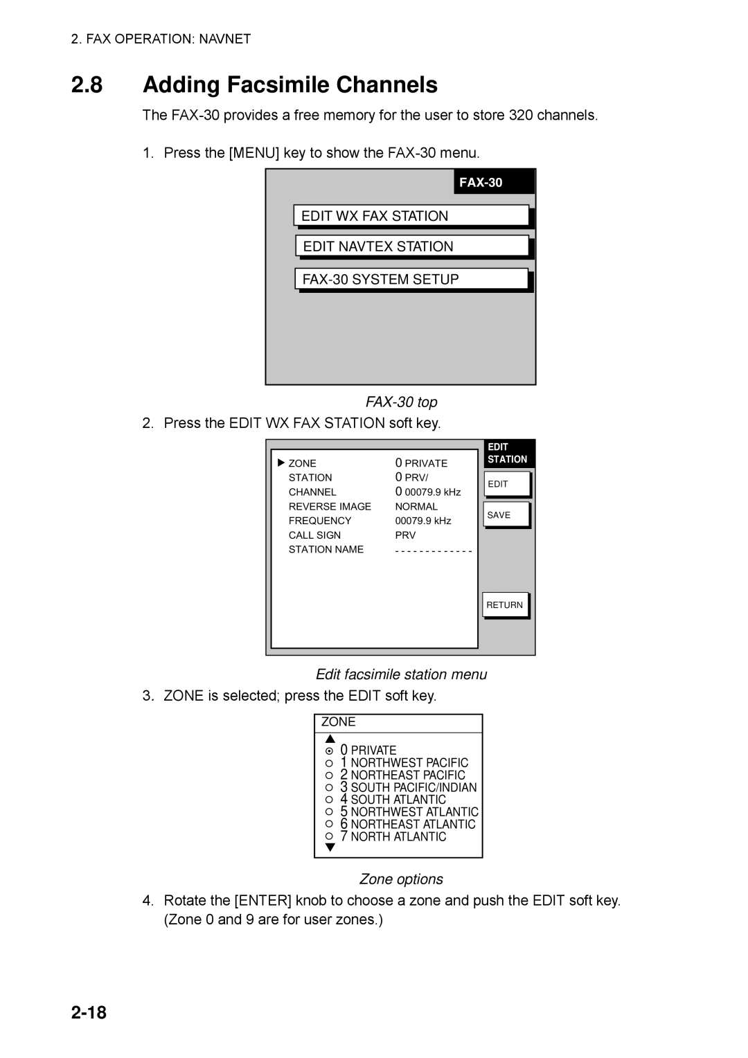 Furuno Adding Facsimile Channels, FAX-30 top 2. Press the Edit WX FAX Station soft key, Edit facsimile station menu 