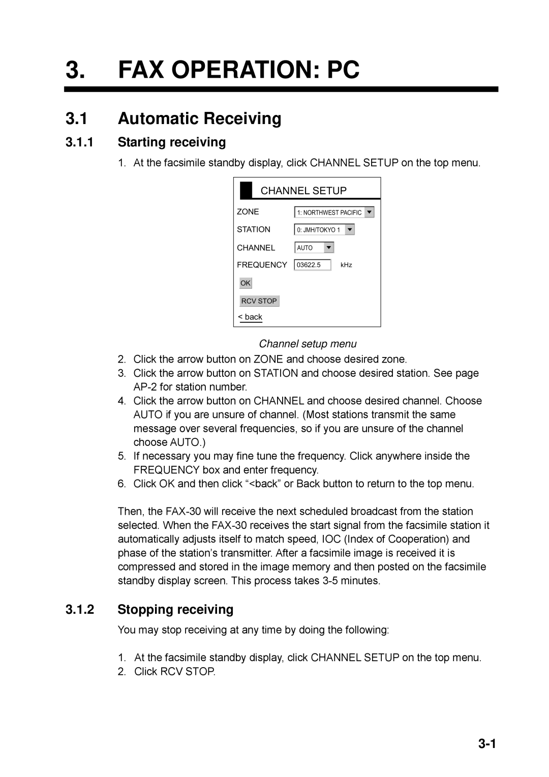 Furuno FAX-30 manual FAX Operation PC, Starting receiving, Stopping receiving, Channel setup menu 