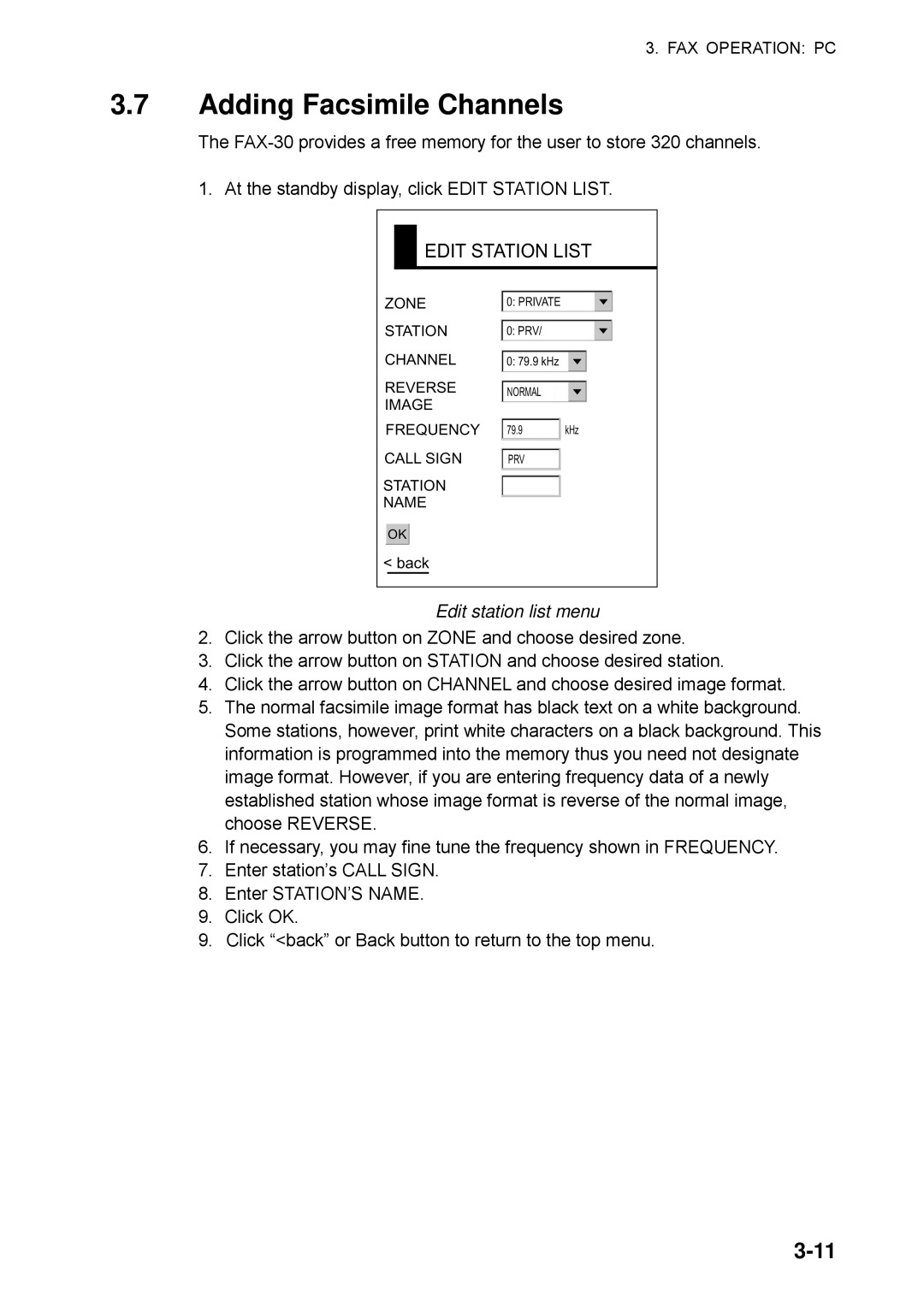 Furuno FAX-30 manual Edit Station List, Edit station list menu 