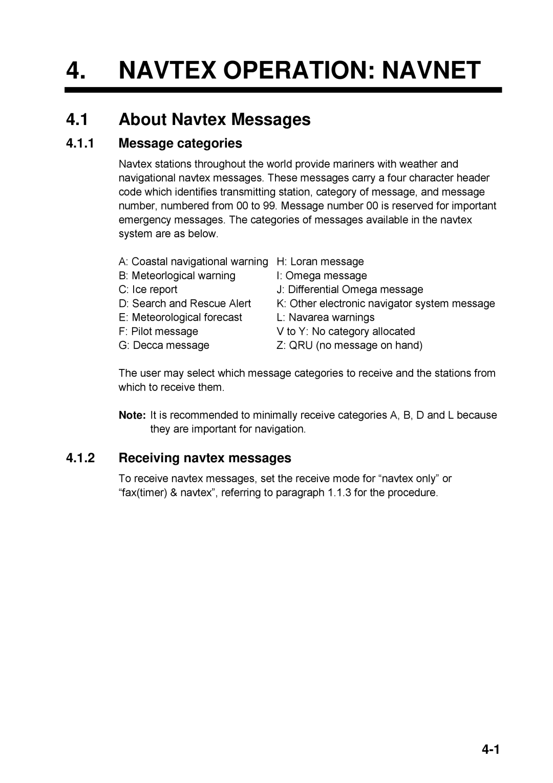 Furuno FAX-30 manual Navtex Operation Navnet, About Navtex Messages, Message categories, Receiving navtex messages 