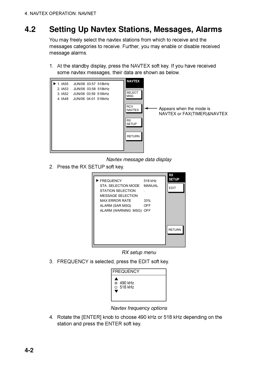 Furuno FAX-30 manual Setting Up Navtex Stations, Messages, Alarms, Navtex message data display, RX setup menu 