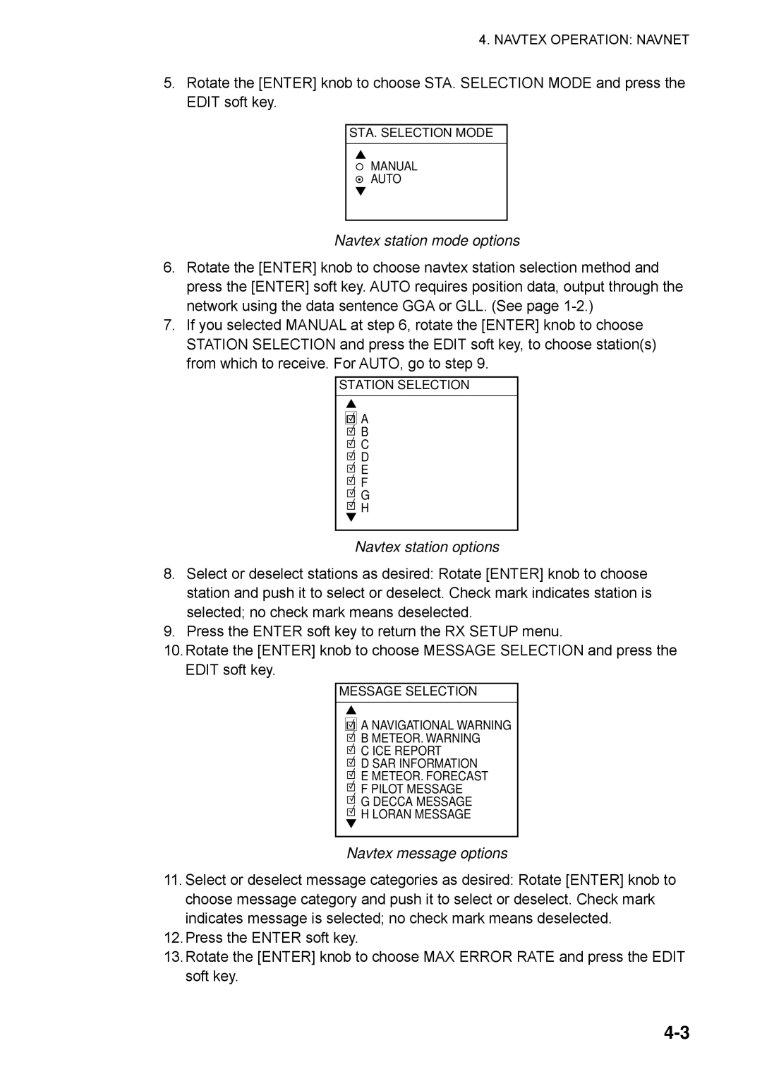 Furuno FAX-30 manual Navtex station mode options, Navtex station options, Navtex message options 