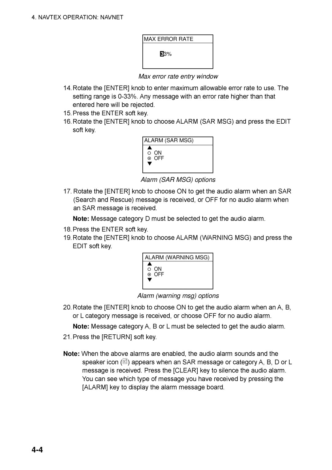 Furuno FAX-30 manual Max error rate entry window, Alarm SAR MSG options, Alarm warning msg options 