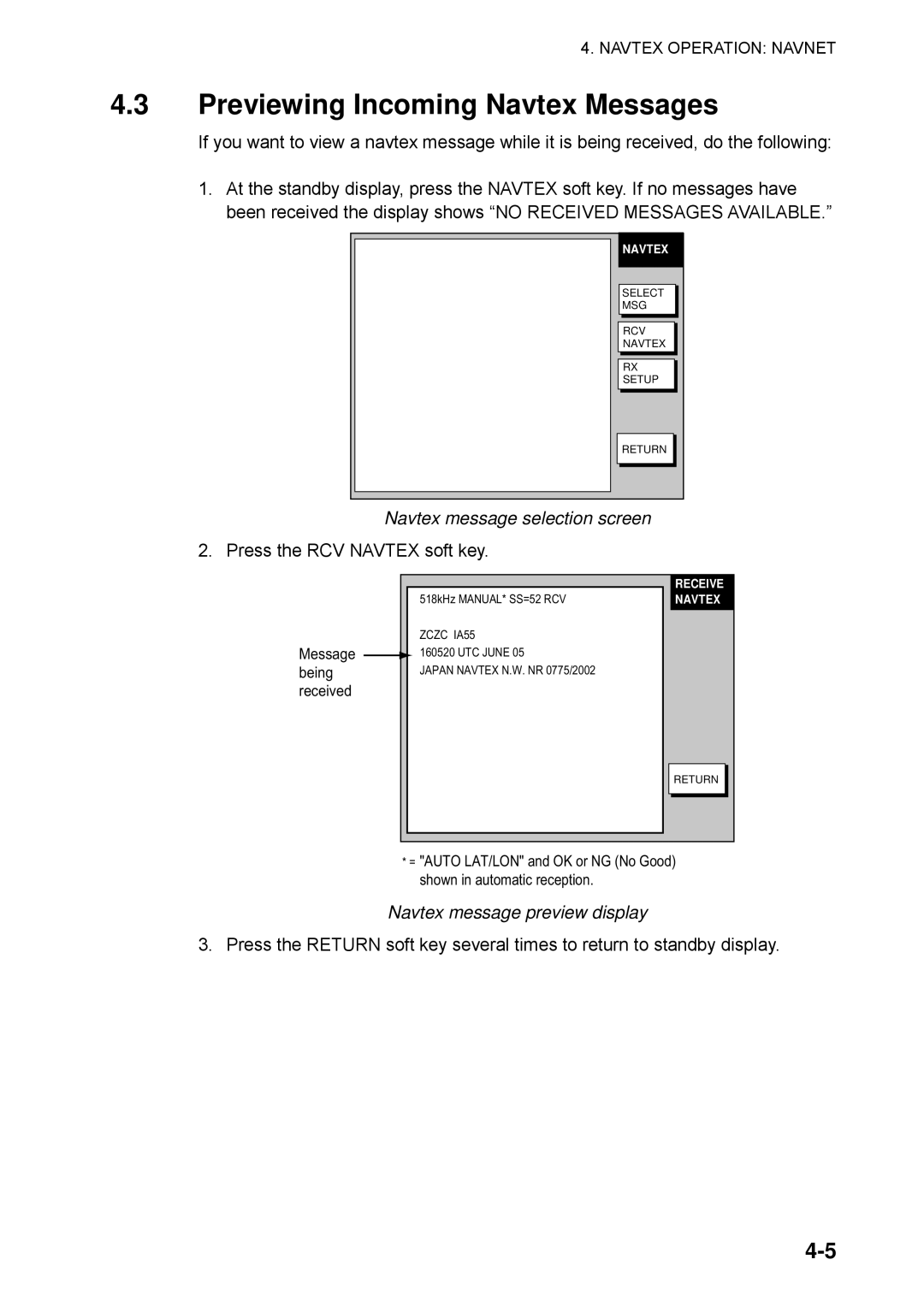 Furuno FAX-30 manual Previewing Incoming Navtex Messages, Navtex message selection screen, Navtex message preview display 