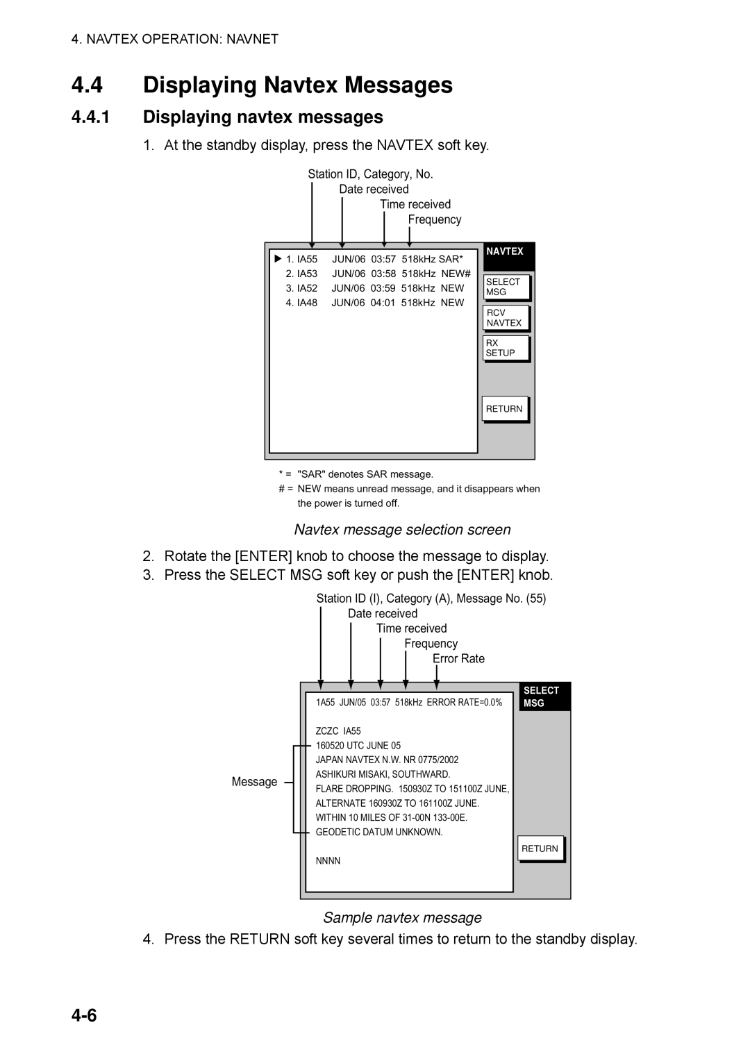 Furuno FAX-30 manual Displaying Navtex Messages, Displaying navtex messages, Sample navtex message 