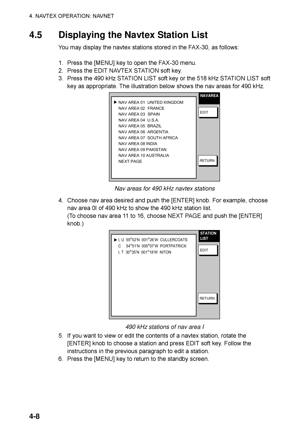 Furuno FAX-30 manual Displaying the Navtex Station List, Nav areas for 490 kHz navtex stations, KHz stations of nav area 