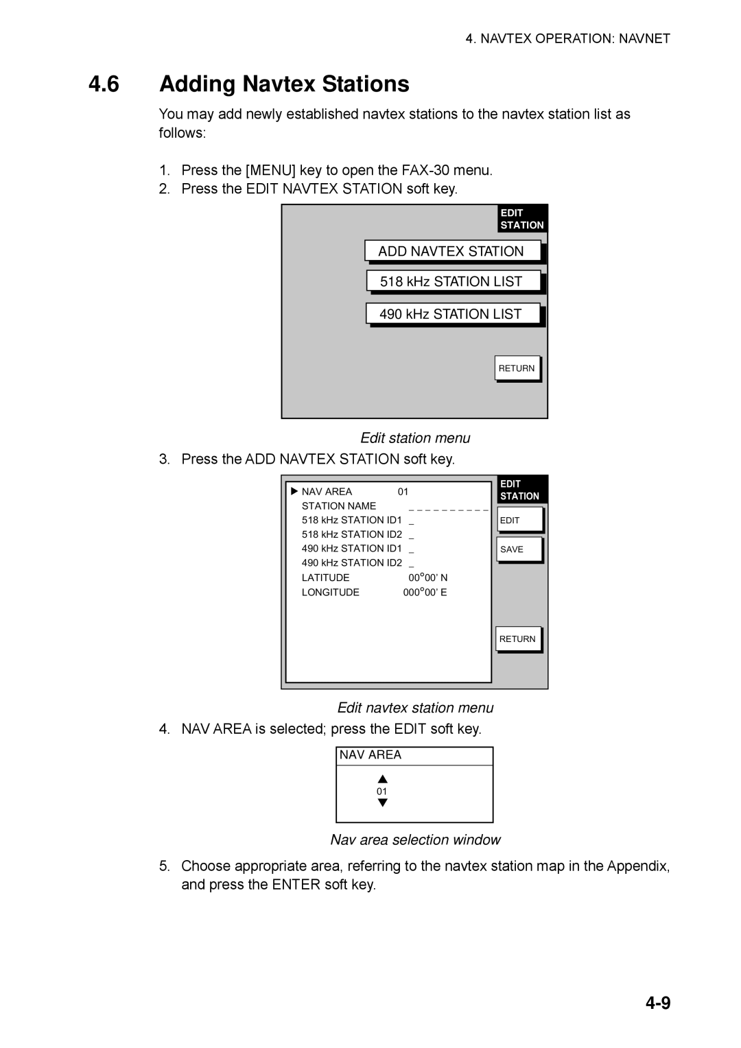 Furuno FAX-30 manual Adding Navtex Stations, Edit station menu, Edit navtex station menu, Nav area selection window 