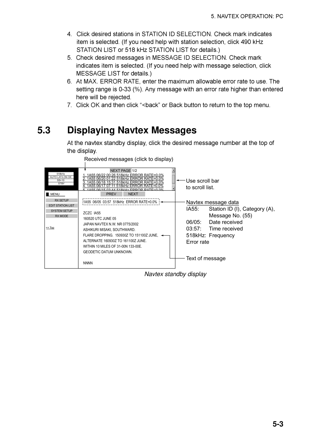 Furuno FAX-30 manual Navtex standby display, Received messages click to display 