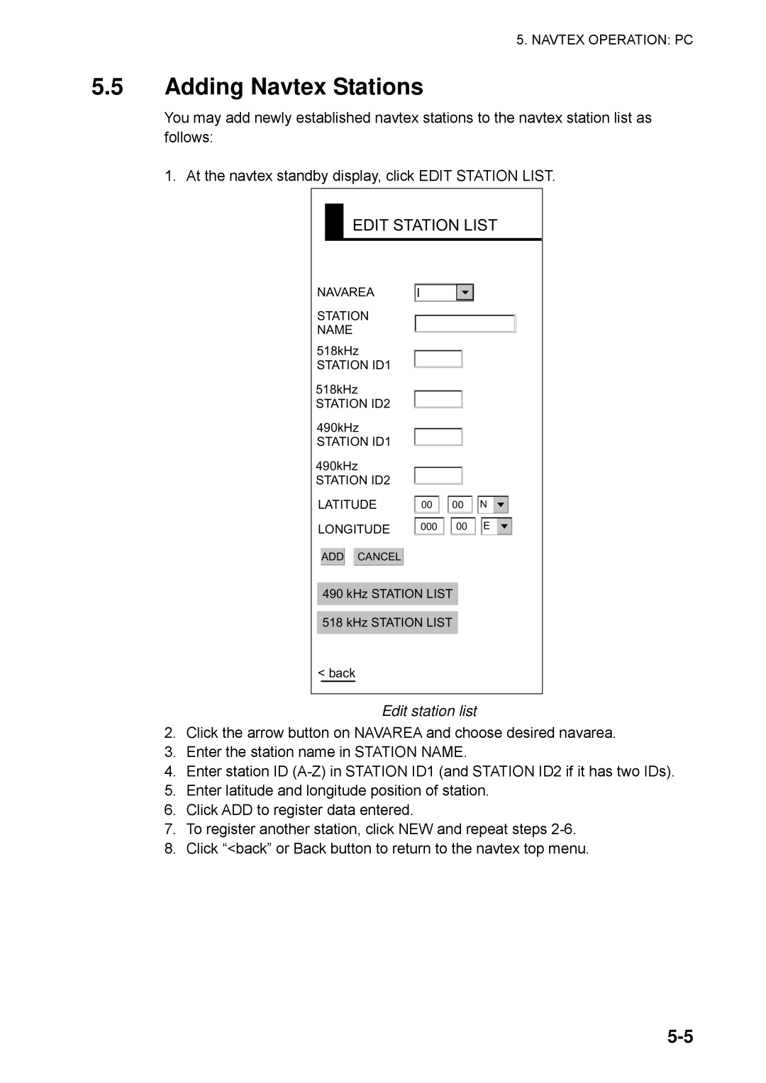 Furuno FAX-30 manual Adding Navtex Stations, Edit station list 