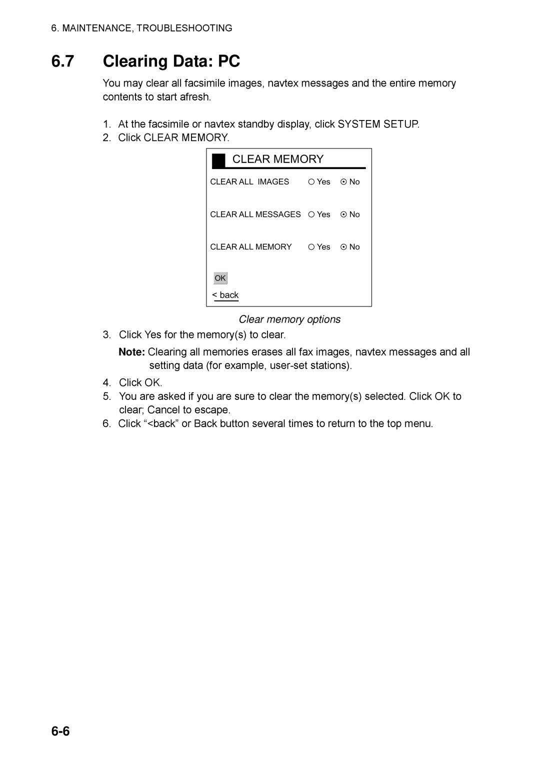 Furuno FAX-30 manual Clearing Data PC, Clear memory options 