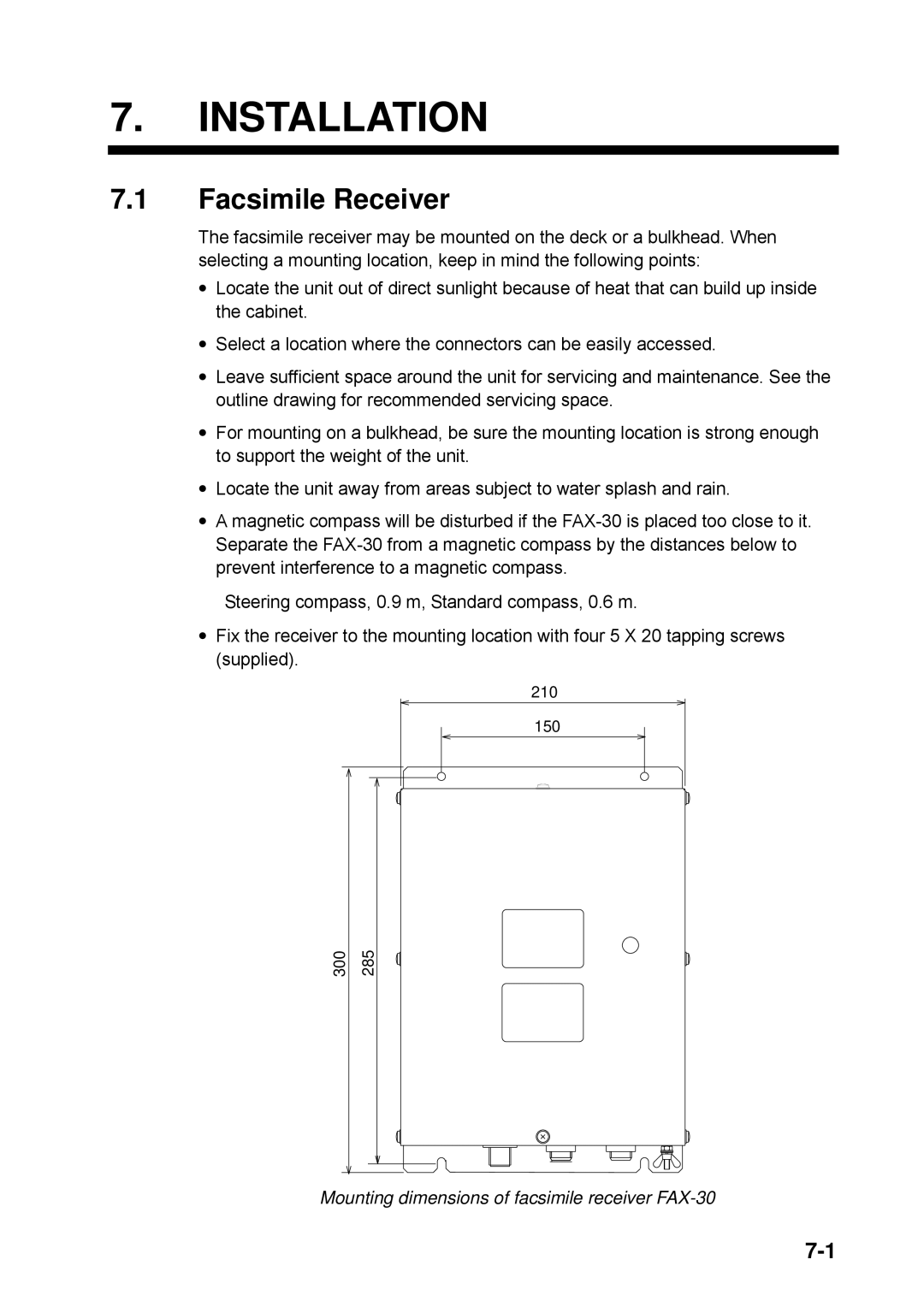 Furuno manual Installation, Facsimile Receiver, Mounting dimensions of facsimile receiver FAX-30 