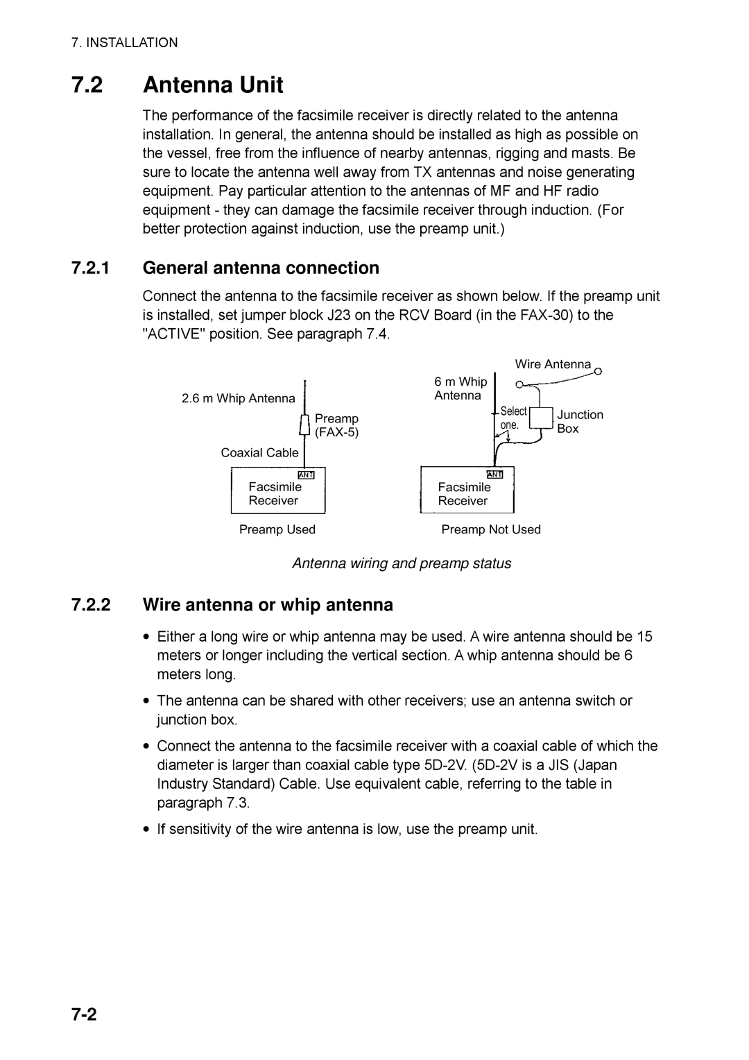 Furuno FAX-30 Antenna Unit, General antenna connection, Wire antenna or whip antenna, Antenna wiring and preamp status 