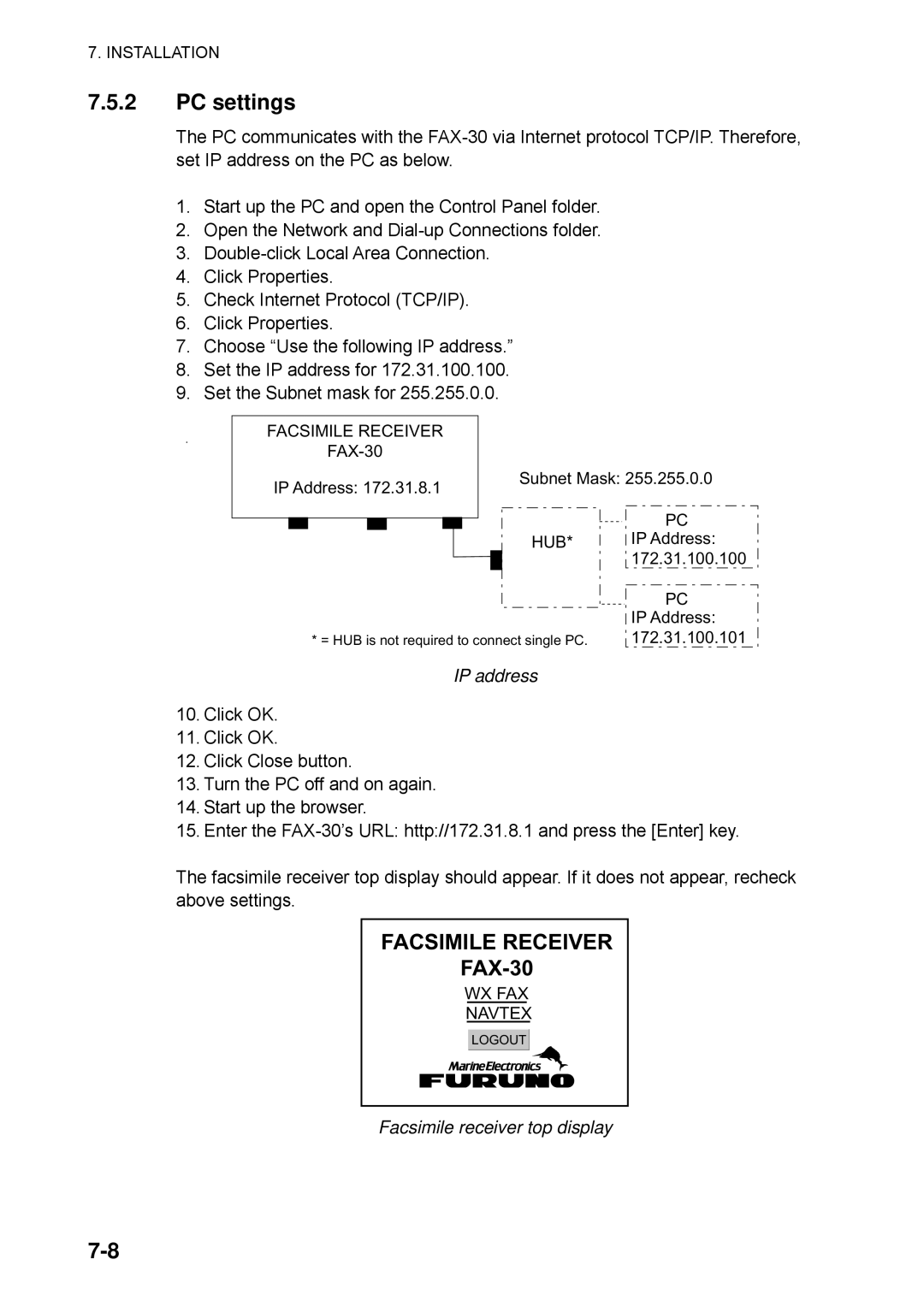 Furuno FAX-30 manual PC settings, IP address 