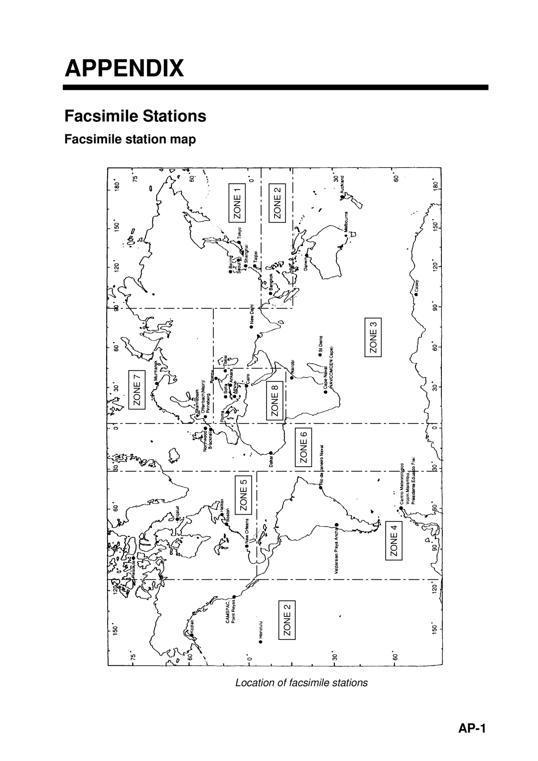 Furuno FAX-30 manual Appendix, Facsimile Stations, Facsimile station map, AP-1, Location of facsimile stations 