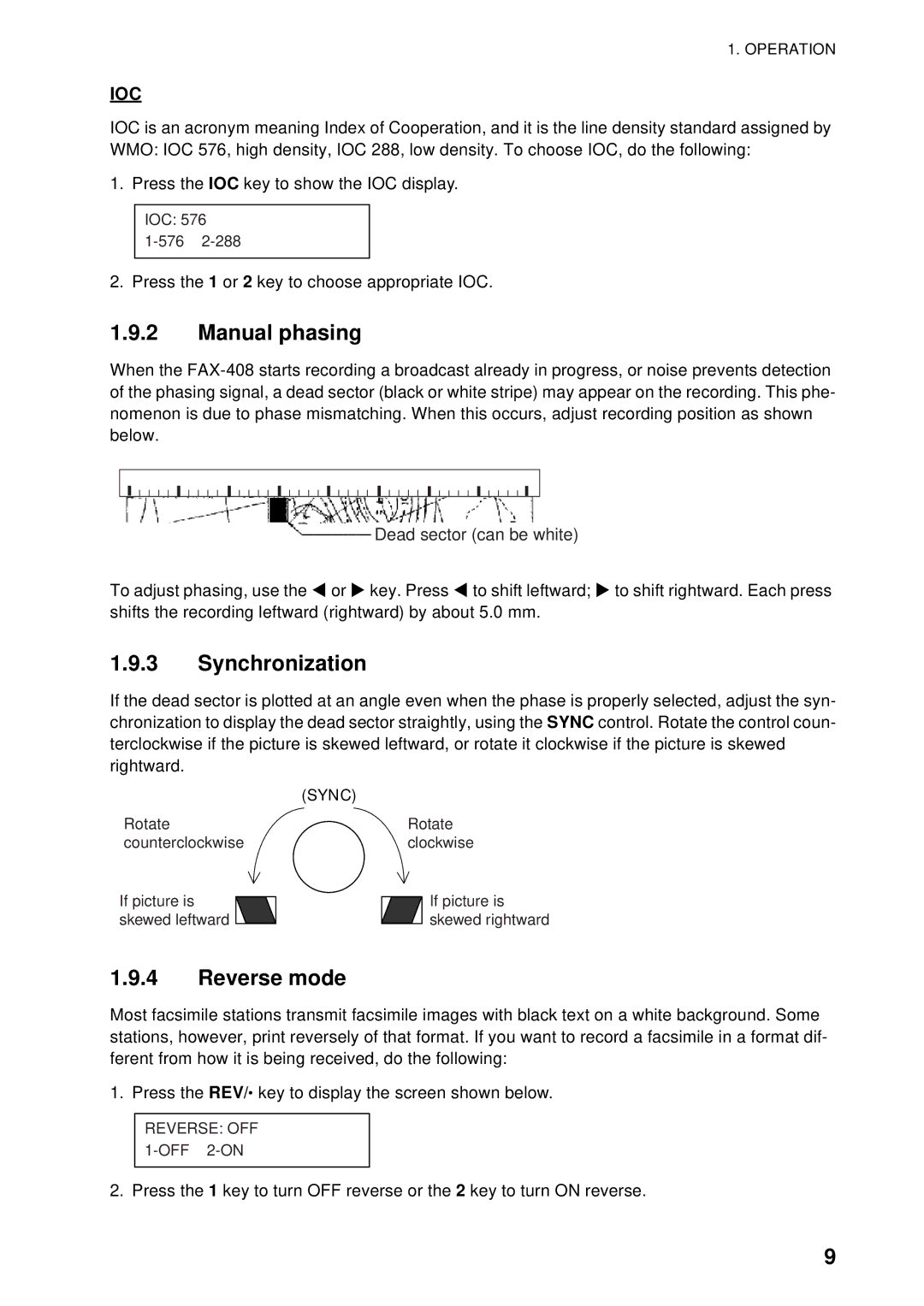 Furuno FAX-408 manual Manual phasing, Synchronization, Reverse mode 