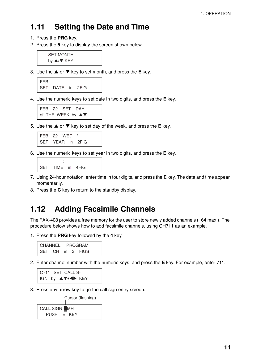 Furuno FAX-408 manual Setting the Date and Time, Adding Facsimile Channels 