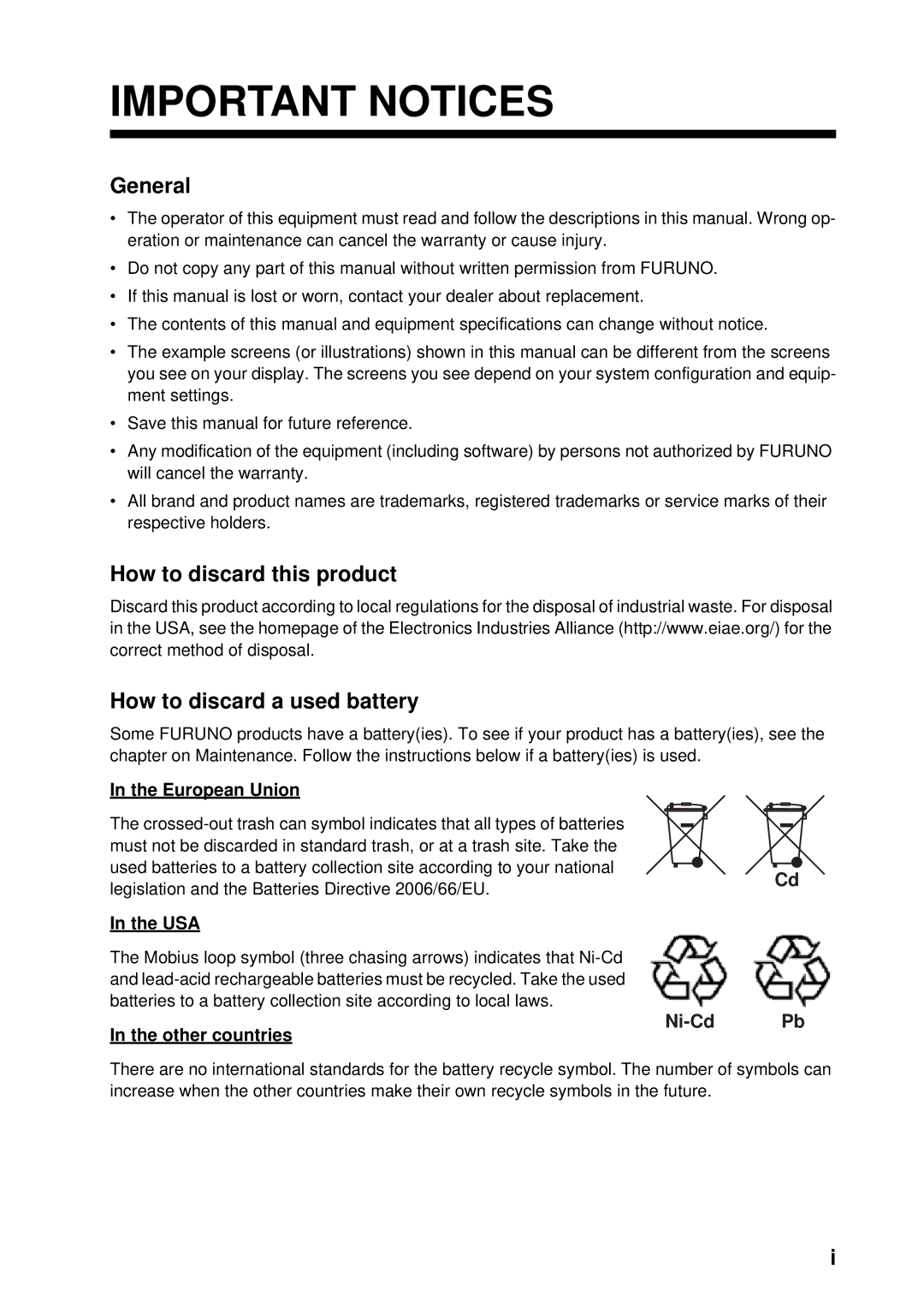 Furuno FAX-408 manual Important Notices, General, How to discard this product How to discard a used battery 