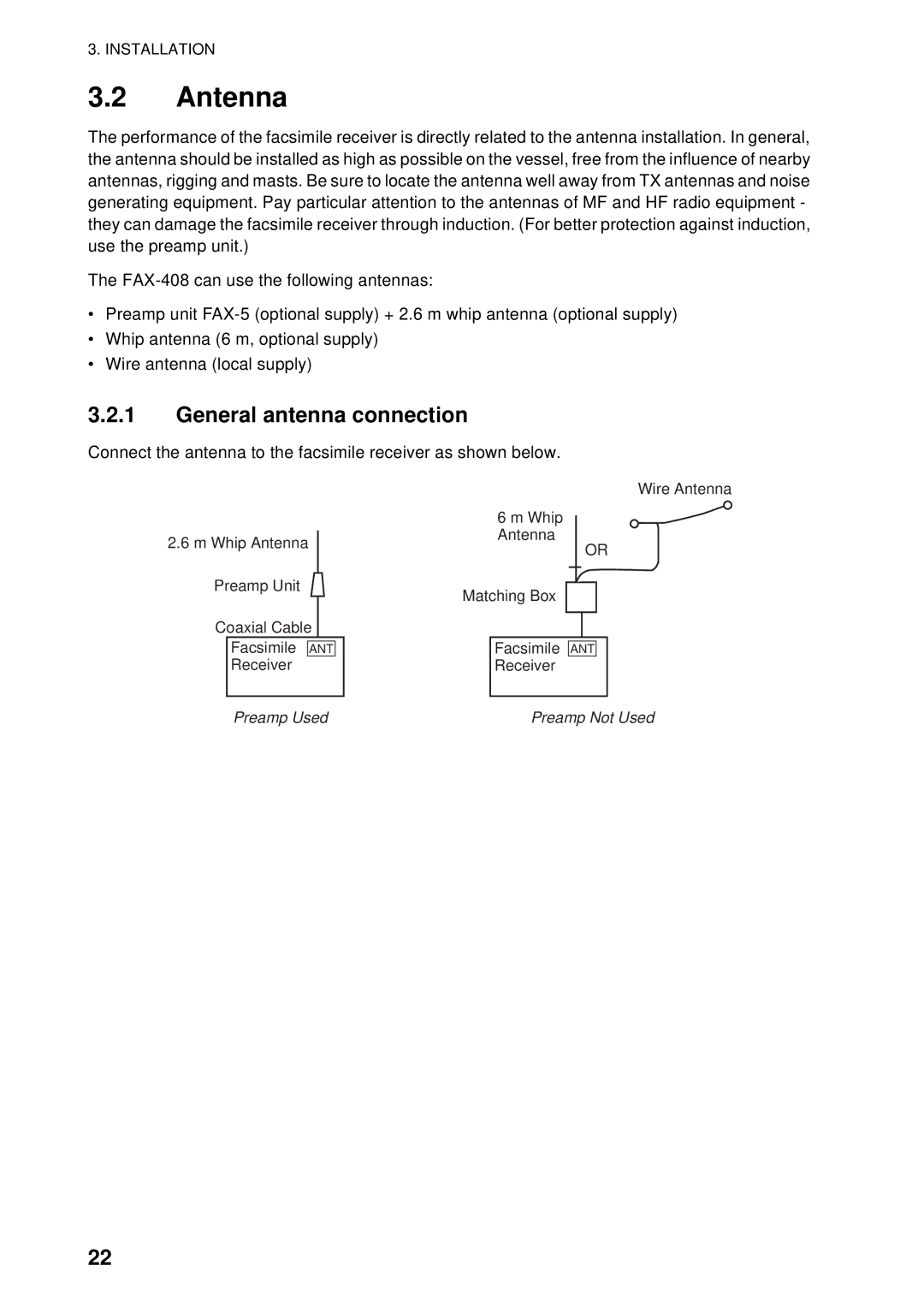 Furuno FAX-408 manual Antenna, General antenna connection 