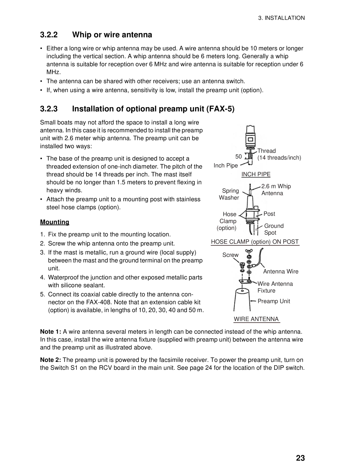 Furuno FAX-408 manual Whip or wire antenna, Installation of optional preamp unit FAX-5, Mounting 