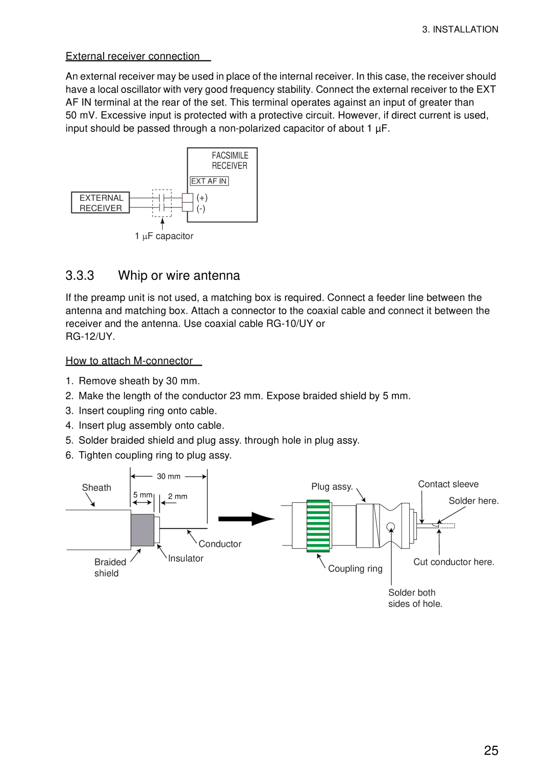 Furuno FAX-408 manual External receiver connection, How to attach M-connector 