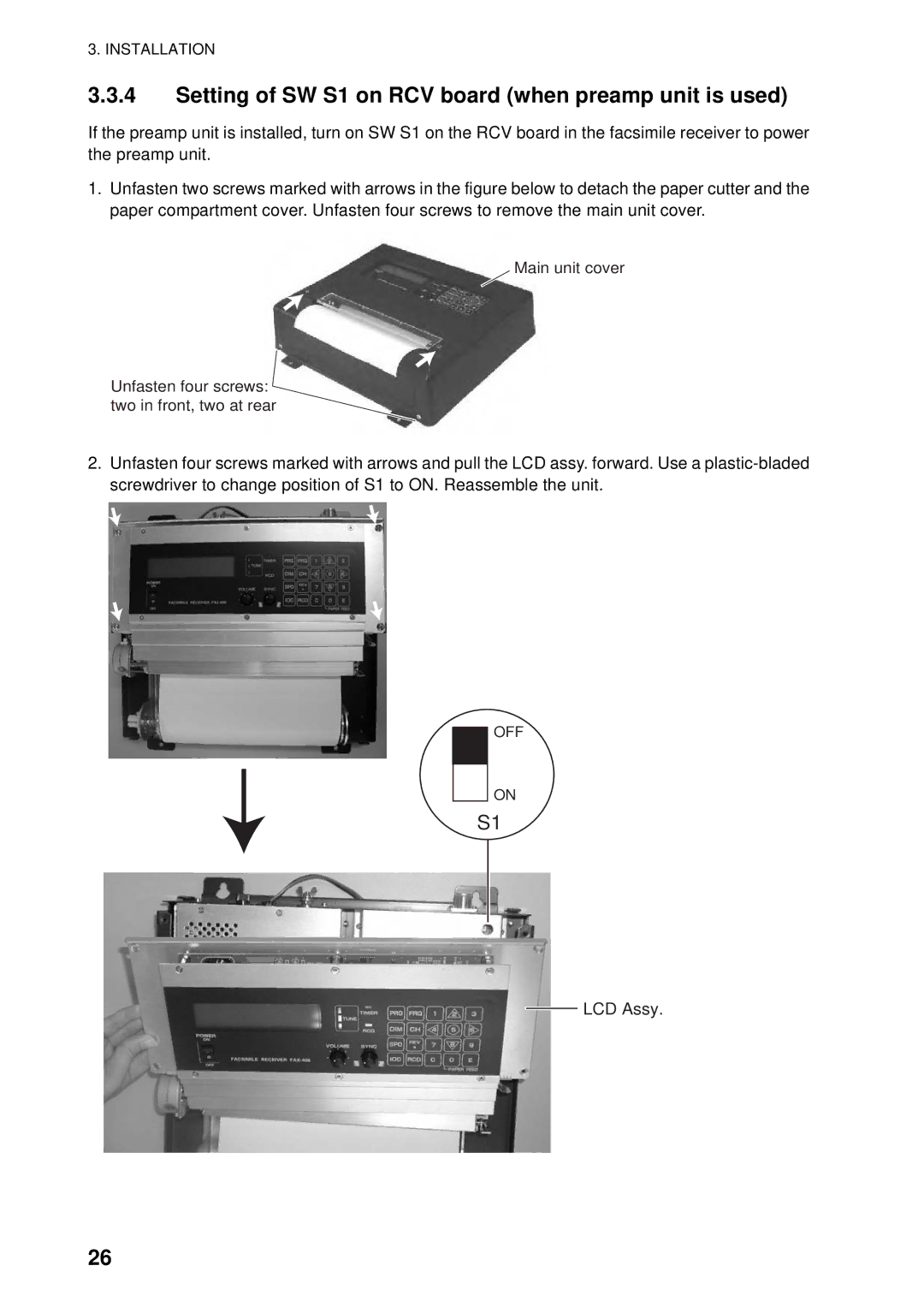 Furuno FAX-408 manual Setting of SW S1 on RCV board when preamp unit is used 