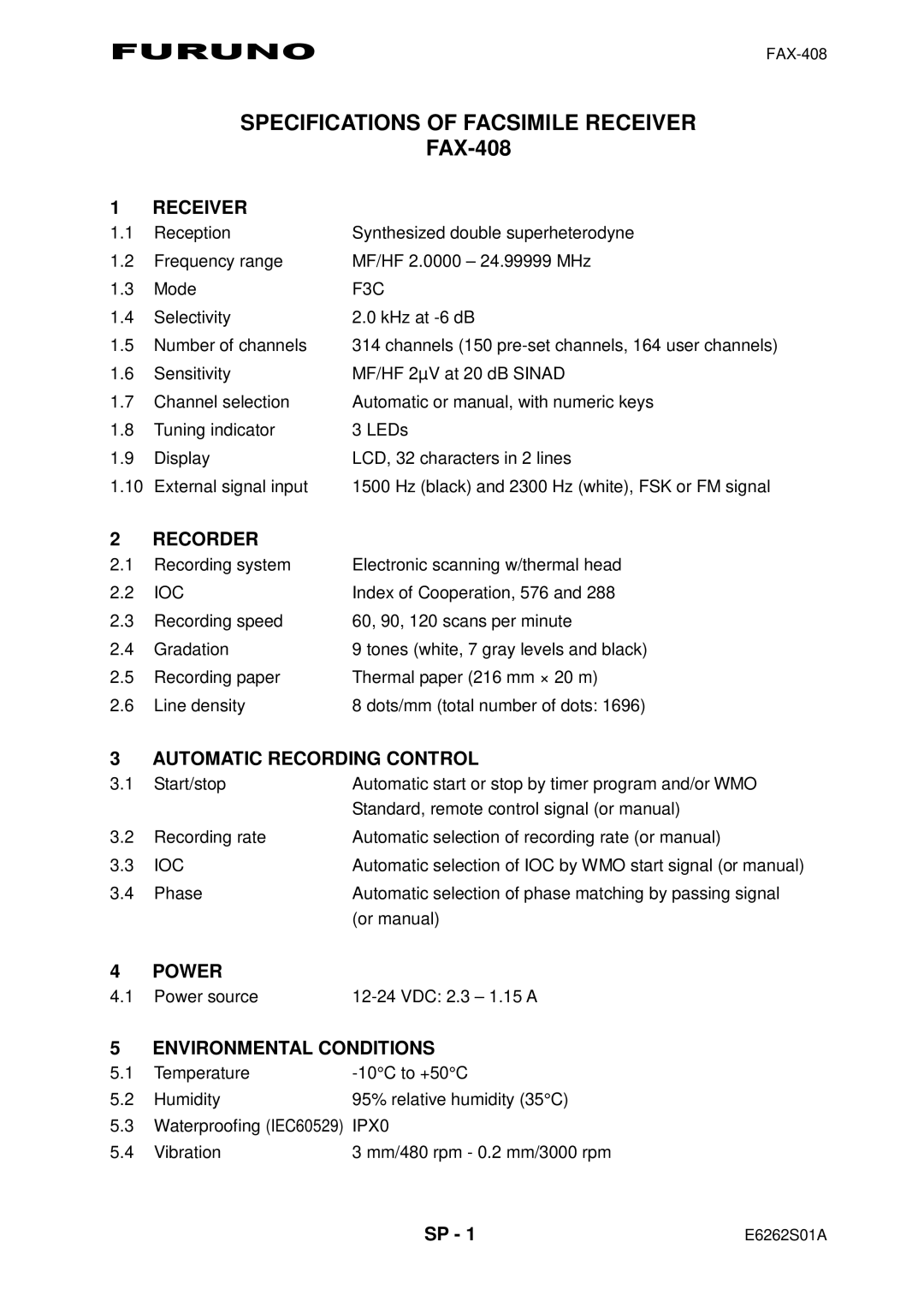 Furuno FAX-408 manual Specifications of Facsimile Receiver 