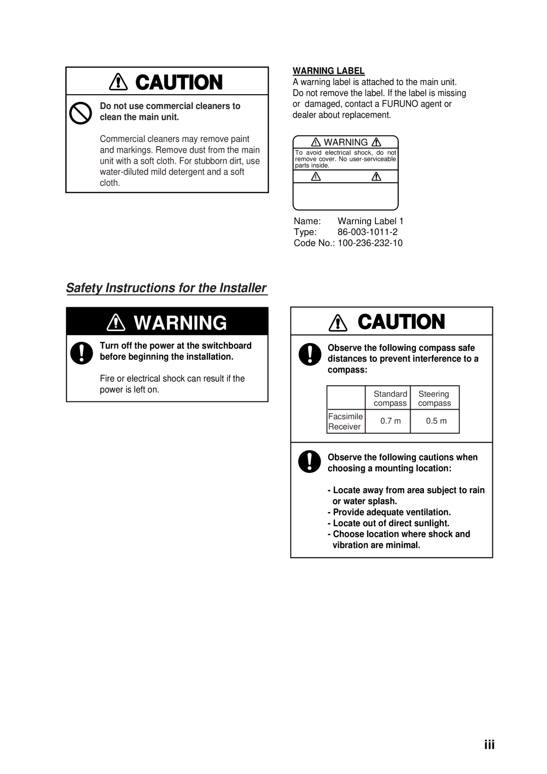 Furuno FAX-408 manual Iii, Do not use commercial cleaners to clean the main unit 