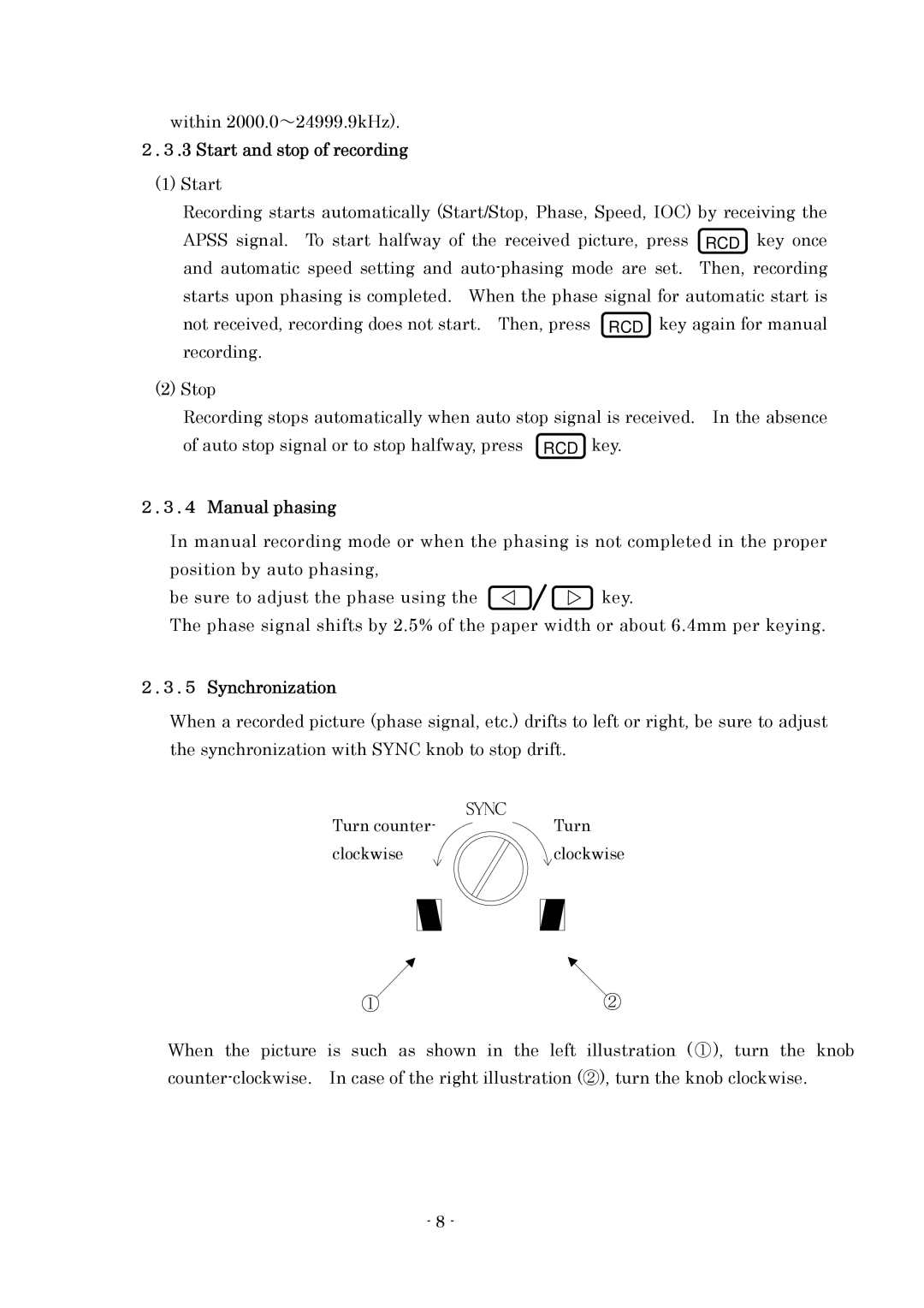 Furuno FAX-410 manual Start and stop of recording, Manual phasing, Synchronization 