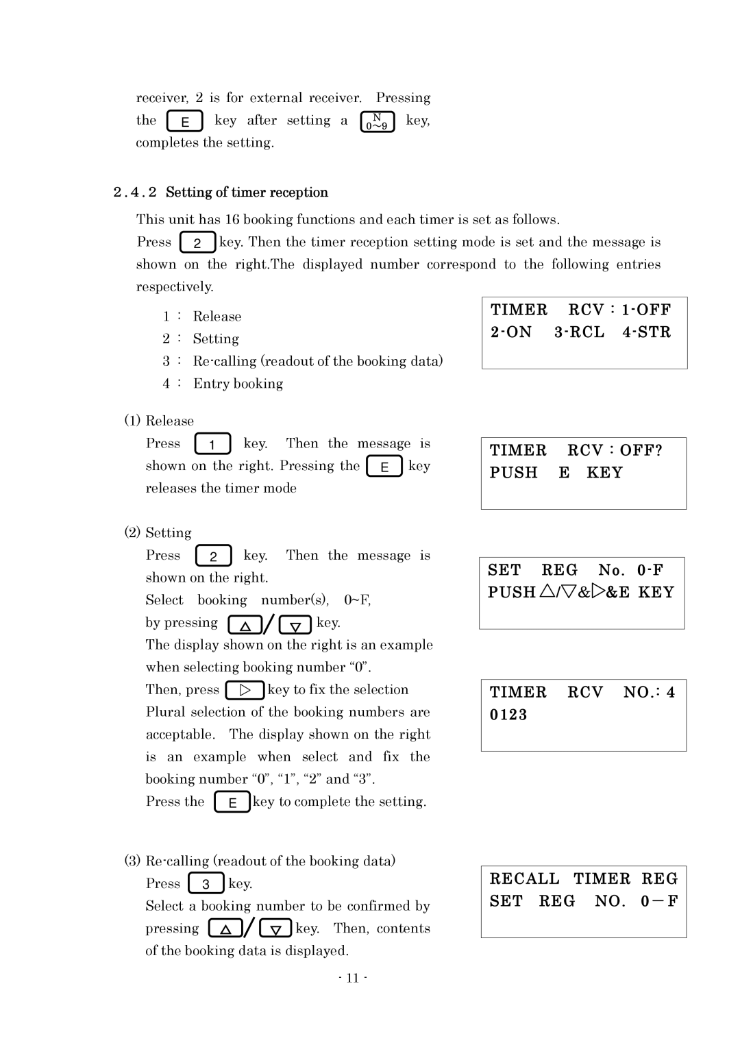 Furuno FAX-410 Timer RCV 1-OFF 2-ON 3-RCL 4-STR, Timer RCV OFF? Push E KEY, SET REG No -F Push / ＆ &E KEY Timer RCV no 