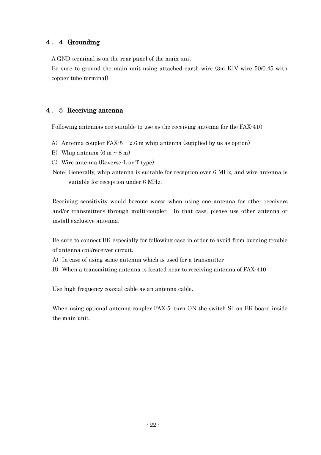 Furuno FAX-410 manual ．４ Grounding, ．５ Receiving antenna 