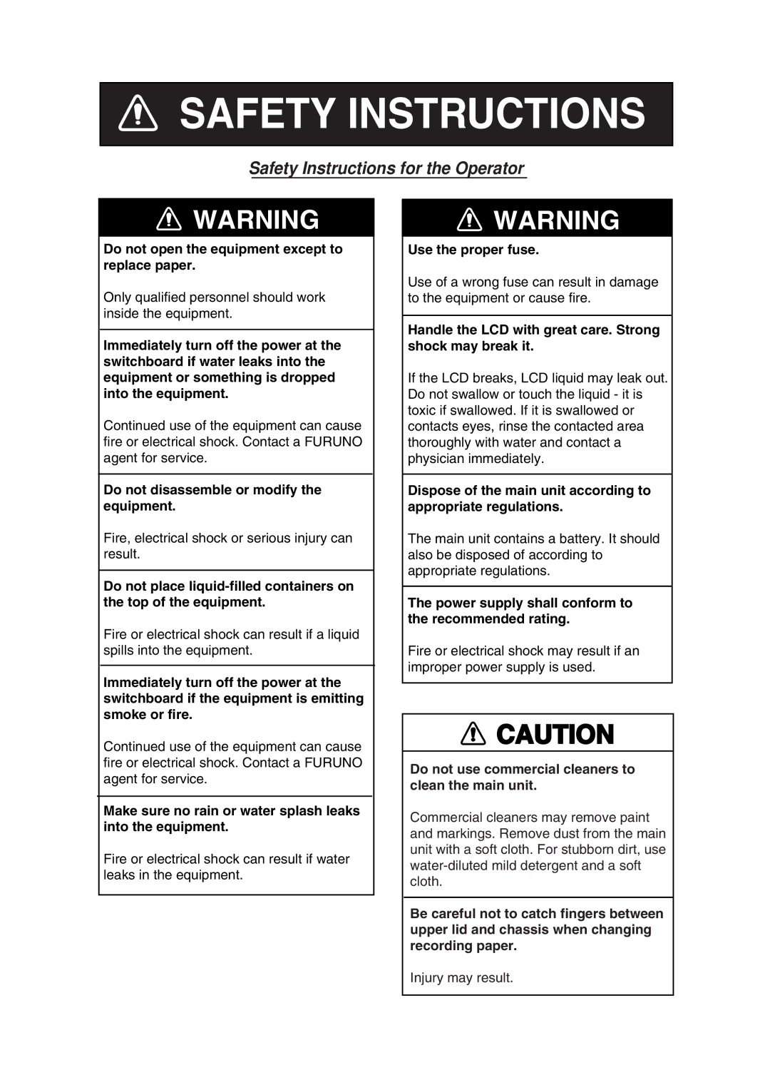 Furuno FAX-410 manual Safety Instructions 