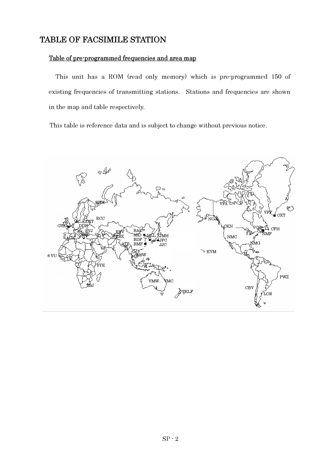 Furuno FAX-410 manual Table of Facsimile Station, Table of pre-programmed frequencies and area map 