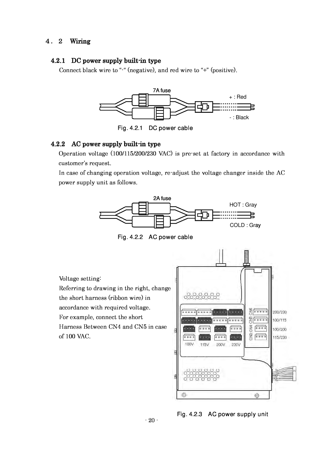 Furuno FAX-410 manual ４．２ Wiring 4.2.1 DC power supply built-in type, AC power supply built-in type, 2.1 DC power cable 
