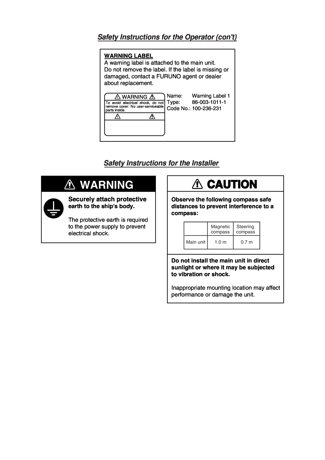 Furuno FAX-410 manual Safety Instructions for the Operator cont, Safety Instructions for the Installer 