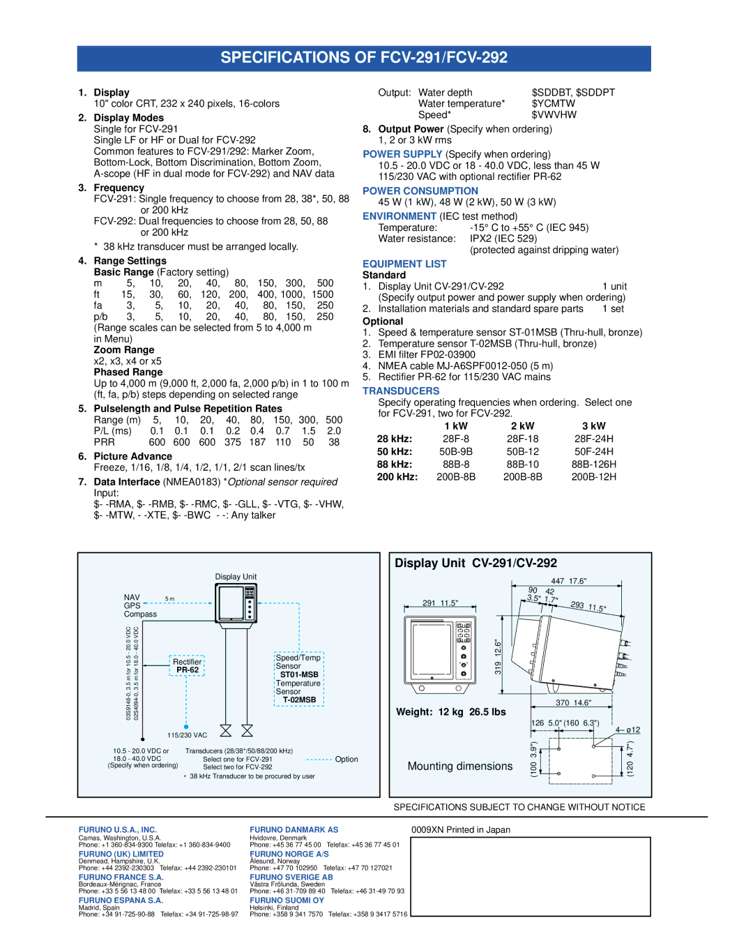 Furuno FCV-291/292 manual Specifications of FCV-291/FCV-292 