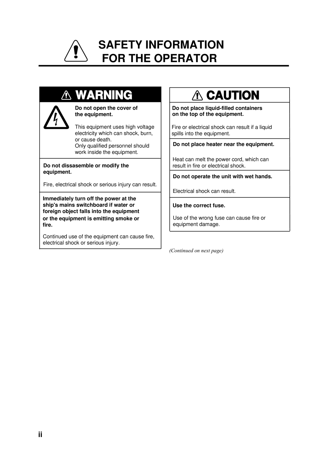 Furuno FCV-292 manual Safety Information for the Operator 