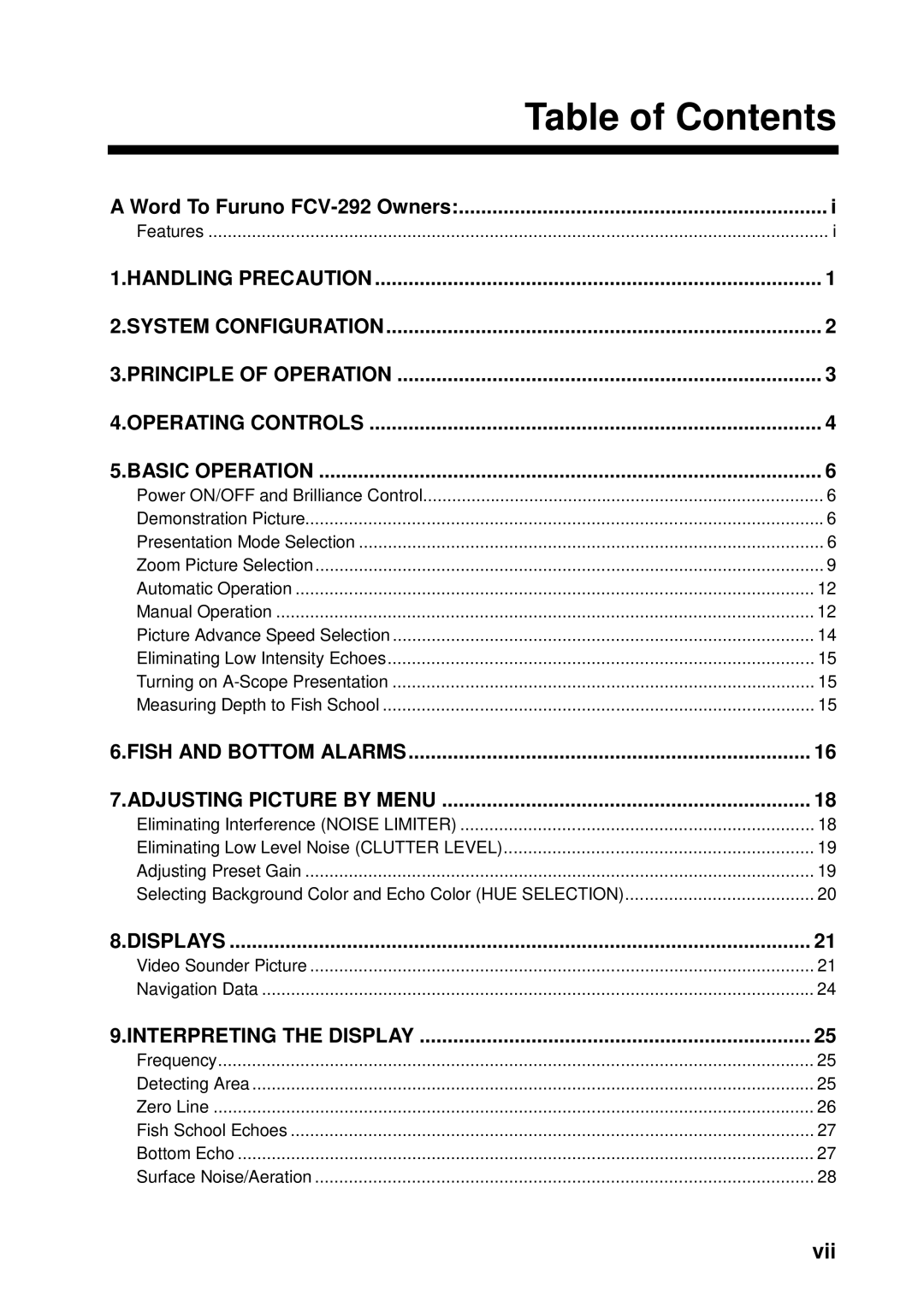 Furuno FCV-292 manual Table of Contents 