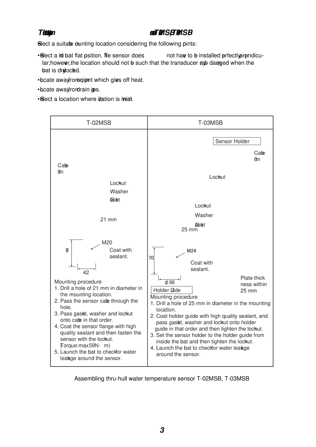 Furuno FCV-295 installation manual Thru-hull mount water temperature sensor T-02MSB, T-03MSB, 02MSB 03MSB 