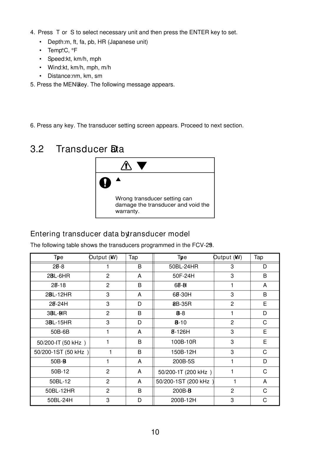 Furuno FCV-295 installation manual Transducer Data, Entering transducer data by transducer model 