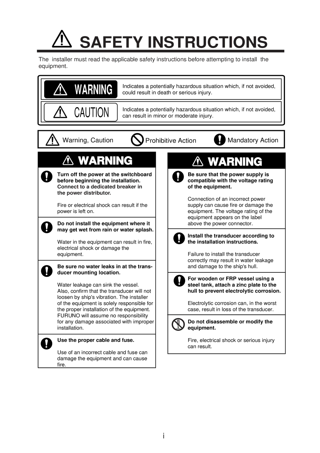 Furuno FCV-295 installation manual Safety Instructions 