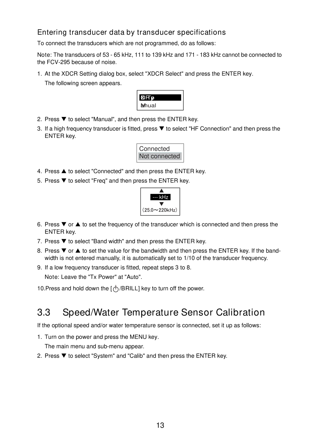 Furuno FCV-295 Speed/Water Temperature Sensor Calibration, Entering transducer data by transducer specifications 