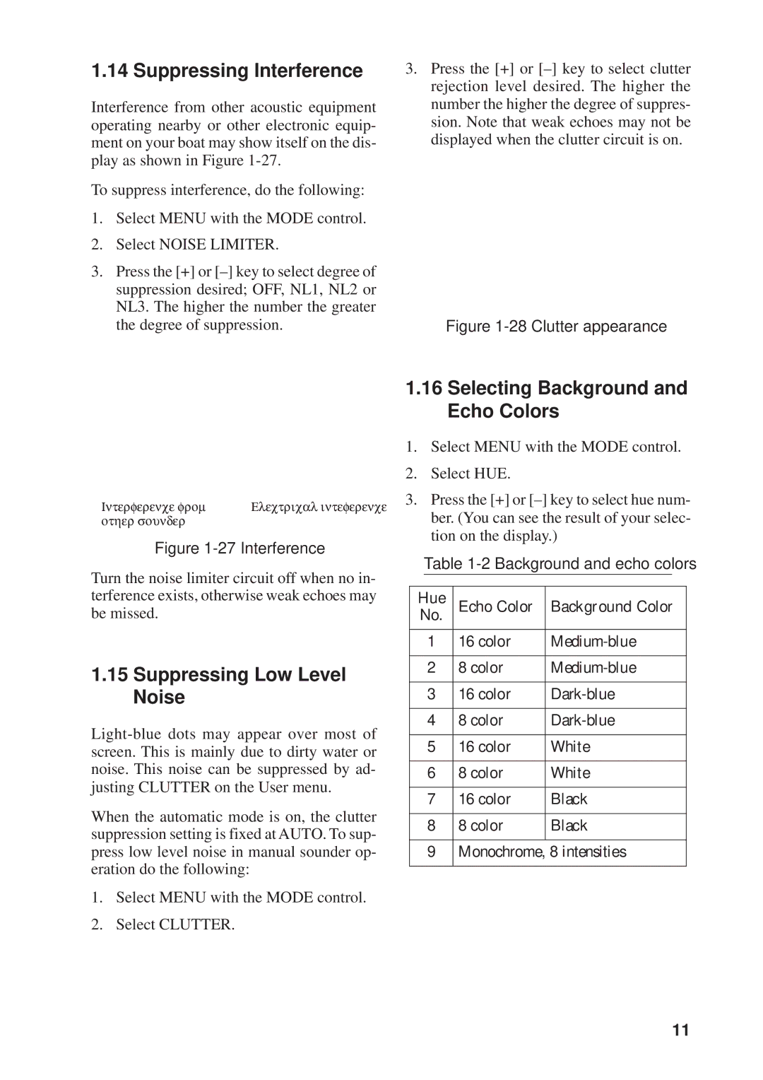 Furuno FCV-582L manual Suppressing Interference, Suppressing Low Level Noise, Selecting Background and Echo Colors 