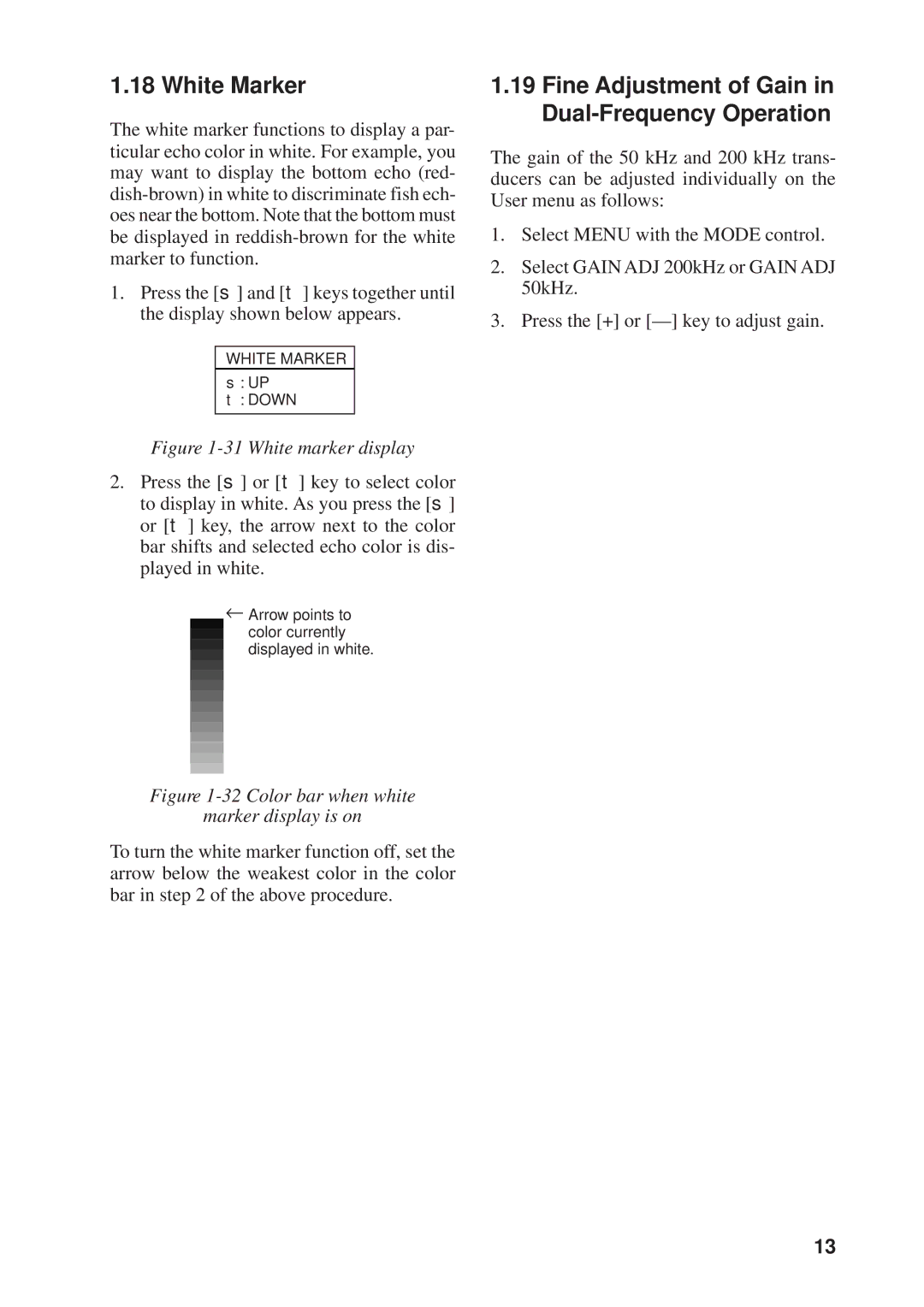 Furuno FCV-582L manual White Marker, Fine Adjustment of Gain in Dual-Frequency Operation 